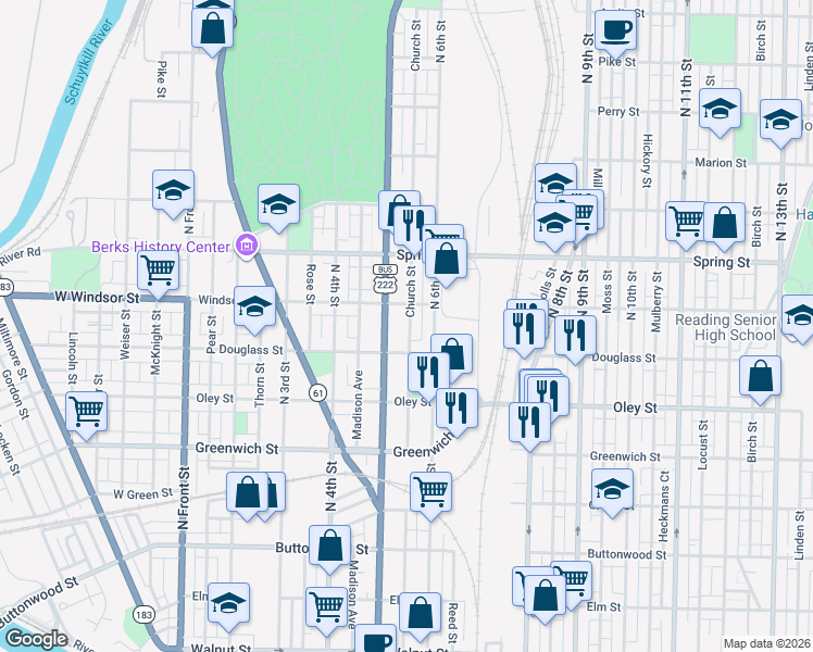 map of restaurants, bars, coffee shops, grocery stores, and more near 829 North 5th Street in Reading