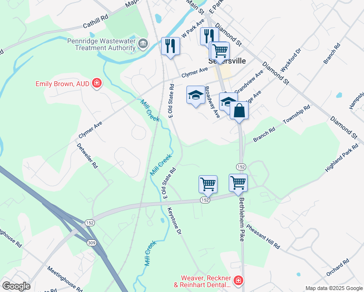 map of restaurants, bars, coffee shops, grocery stores, and more near 203 East Old State Road in Sellersville
