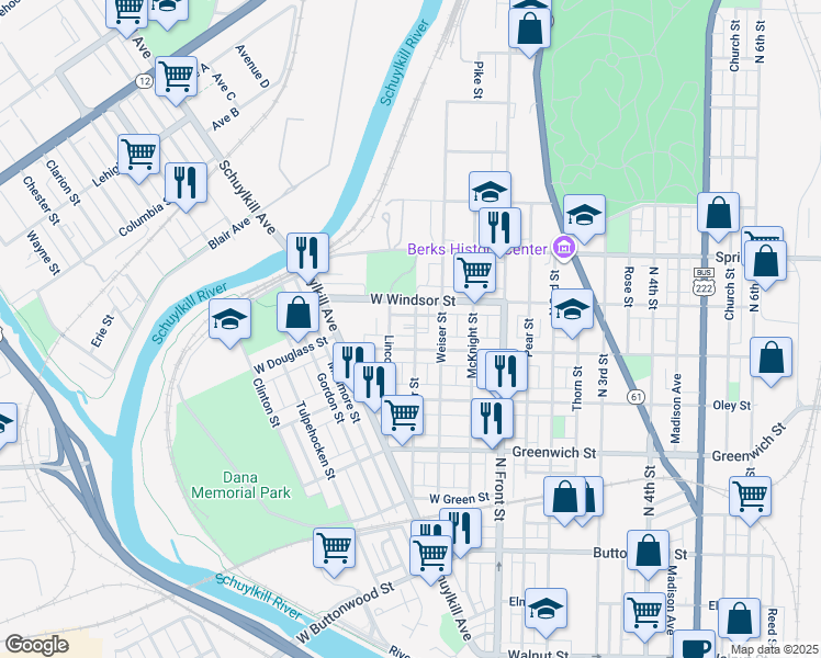 map of restaurants, bars, coffee shops, grocery stores, and more near 822 Ritter Street in Reading