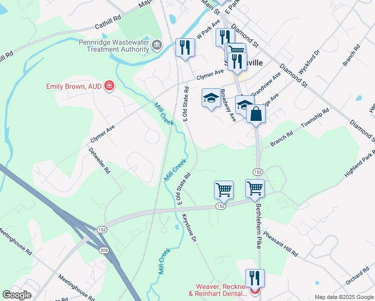 map of restaurants, bars, coffee shops, grocery stores, and more near 203 East Old State Road in Sellersville