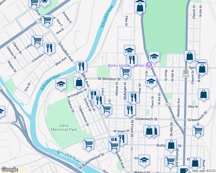 map of restaurants, bars, coffee shops, grocery stores, and more near 822 Ritter Street in Reading