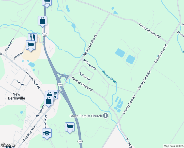 map of restaurants, bars, coffee shops, grocery stores, and more near 63 Mulberry Lane in Bechtelsville