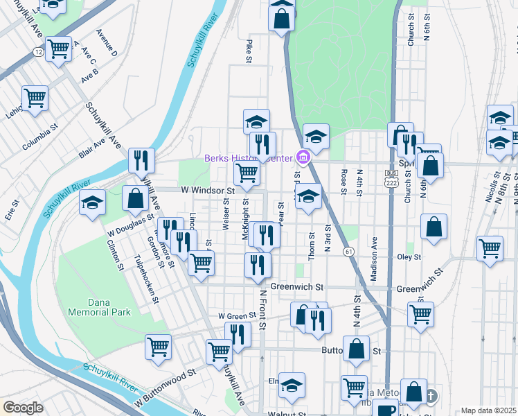 map of restaurants, bars, coffee shops, grocery stores, and more near 831 McKnight Street in Reading