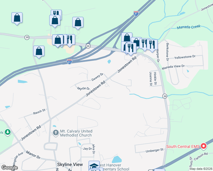map of restaurants, bars, coffee shops, grocery stores, and more near 7895 Manada Court in Harrisburg