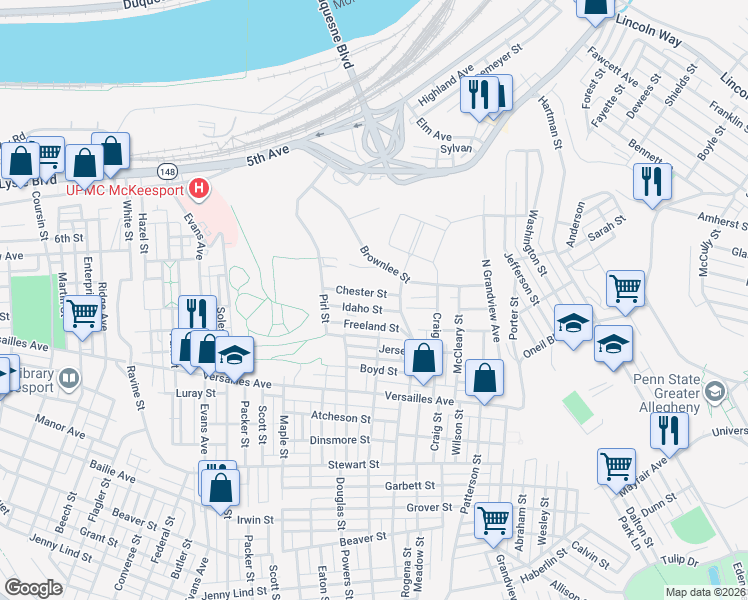 map of restaurants, bars, coffee shops, grocery stores, and more near 2924 1/2 Chester Street in McKeesport