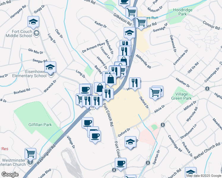 map of restaurants, bars, coffee shops, grocery stores, and more near 1720 Washington Road in Pittsburgh