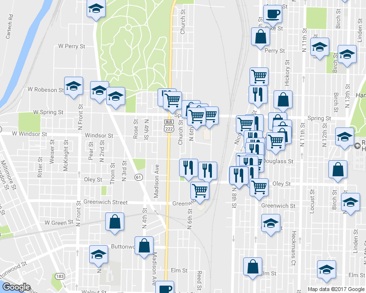 map of restaurants, bars, coffee shops, grocery stores, and more near 833 Church Street in Reading