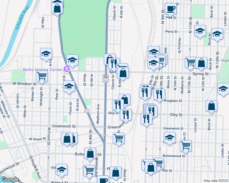 map of restaurants, bars, coffee shops, grocery stores, and more near 833 Church Street in Reading