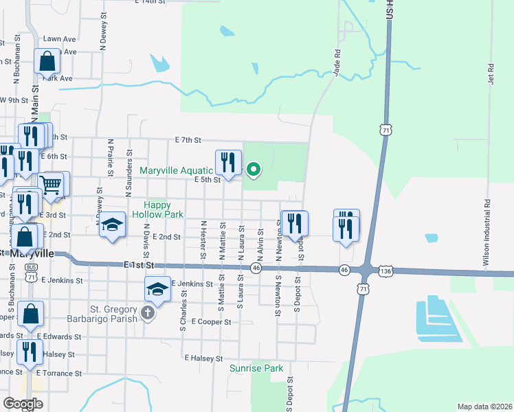 map of restaurants, bars, coffee shops, grocery stores, and more near 1300-1398 East 4th Street in Maryville