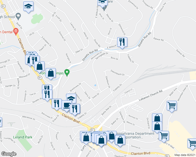 map of restaurants, bars, coffee shops, grocery stores, and more near 5209 Springdale Drive in Pittsburgh
