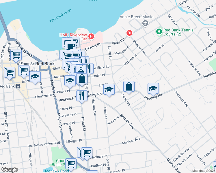 map of restaurants, bars, coffee shops, grocery stores, and more near 54 Elm Place in Red Bank
