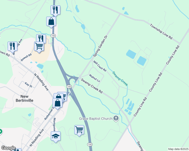 map of restaurants, bars, coffee shops, grocery stores, and more near 19 Walnut Lane in Bechtelsville