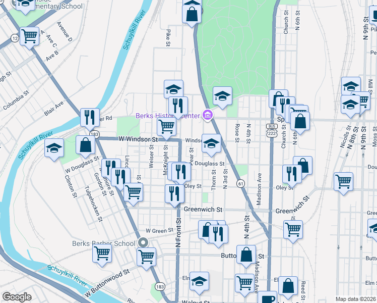 map of restaurants, bars, coffee shops, grocery stores, and more near 834 Pear Street in Reading