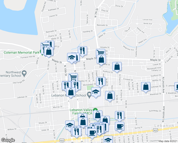 map of restaurants, bars, coffee shops, grocery stores, and more near 752 Guilford Street in Lebanon