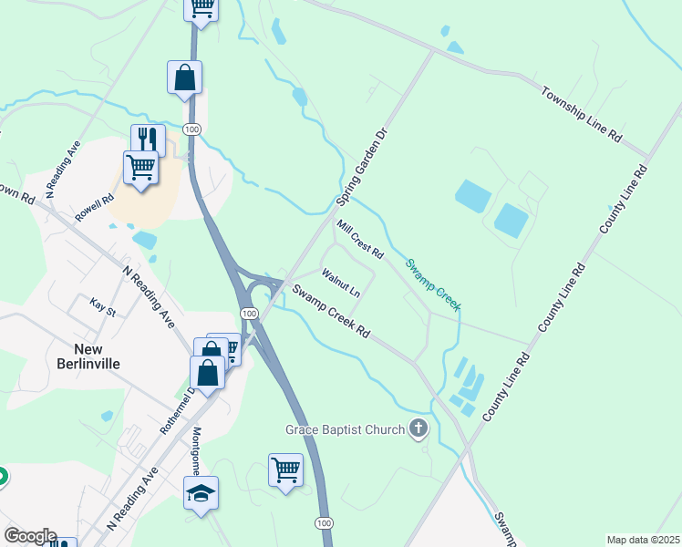map of restaurants, bars, coffee shops, grocery stores, and more near 19 Walnut Lane in Bechtelsville