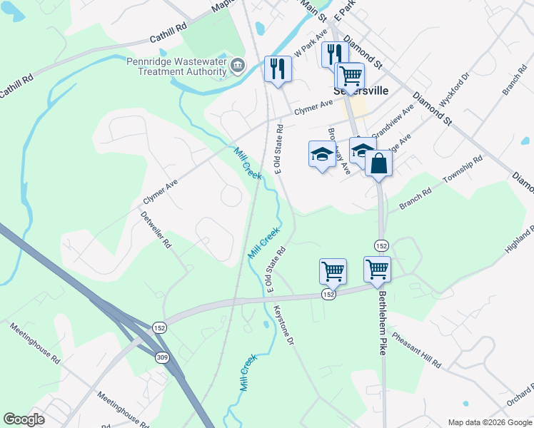 map of restaurants, bars, coffee shops, grocery stores, and more near 122 East Old State Road in Sellersville