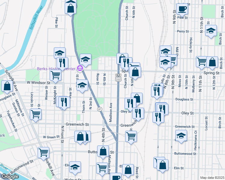 map of restaurants, bars, coffee shops, grocery stores, and more near 833 Madison Avenue in Reading