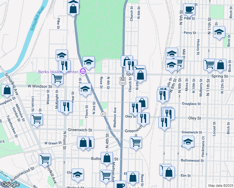 map of restaurants, bars, coffee shops, grocery stores, and more near 833 Madison Avenue in Reading