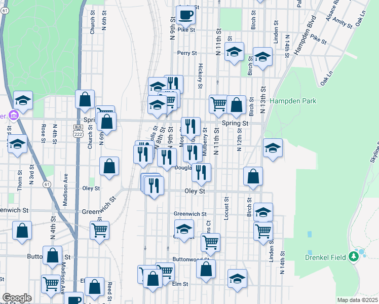 map of restaurants, bars, coffee shops, grocery stores, and more near 840 North 10th Street in Reading