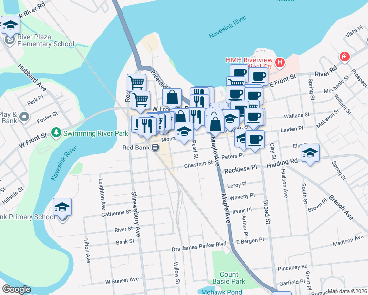 map of restaurants, bars, coffee shops, grocery stores, and more near 58 Oakland Street in Red Bank