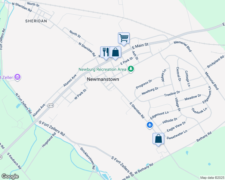 map of restaurants, bars, coffee shops, grocery stores, and more near 203 South Sheridan Road in Newmanstown