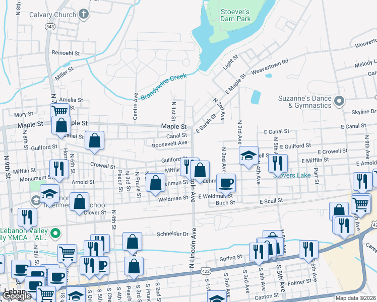 map of restaurants, bars, coffee shops, grocery stores, and more near 2 Tiffany Lane in Lebanon