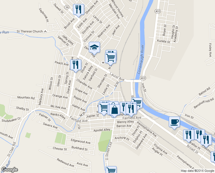 map of restaurants, bars, coffee shops, grocery stores, and more near 100 Leslie Street in Johnstown