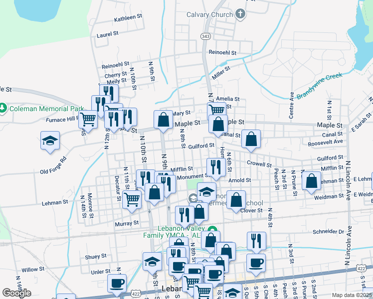 map of restaurants, bars, coffee shops, grocery stores, and more near 544 North 8th Street in Lebanon
