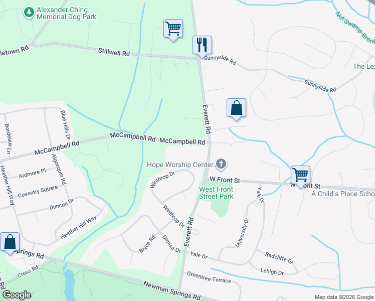 map of restaurants, bars, coffee shops, grocery stores, and more near 7 McCampbell Road in Holmdel