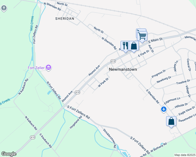 map of restaurants, bars, coffee shops, grocery stores, and more near 49 Peach Street in Newmanstown