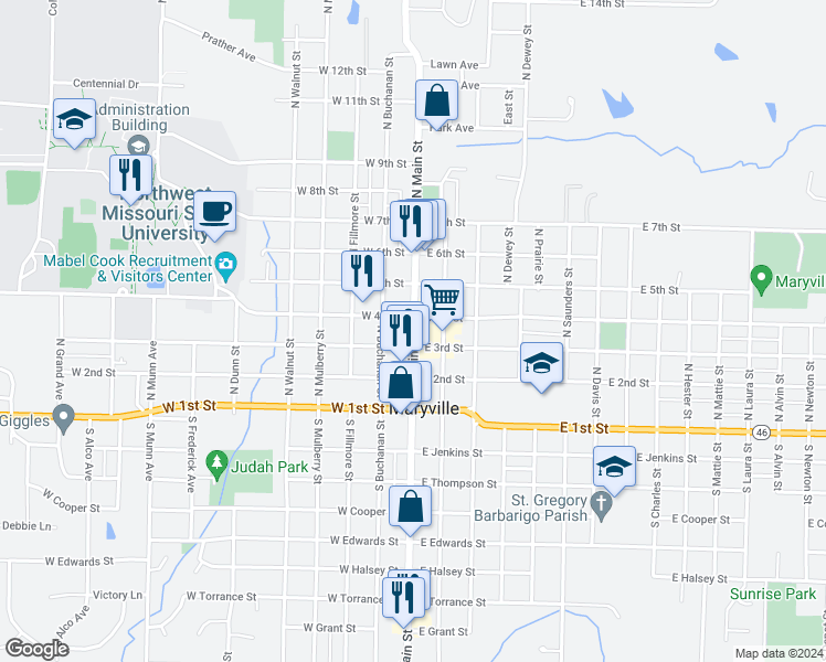 map of restaurants, bars, coffee shops, grocery stores, and more near 314 North Main Street in Maryville