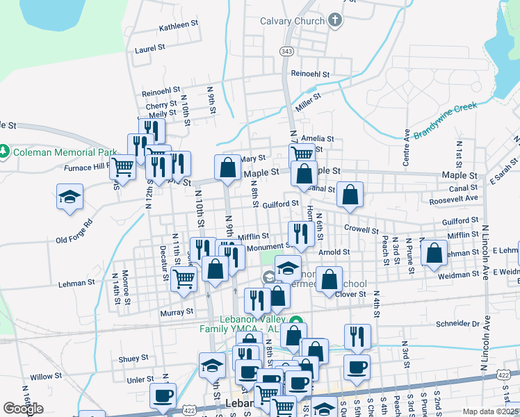map of restaurants, bars, coffee shops, grocery stores, and more near 544 North 8th Street in Lebanon