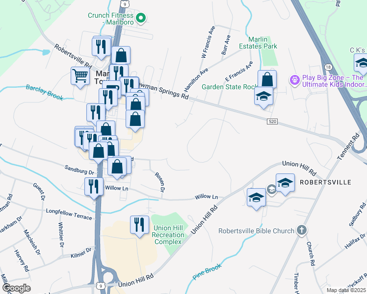 map of restaurants, bars, coffee shops, grocery stores, and more near 36 Crest Drive in Englishtown