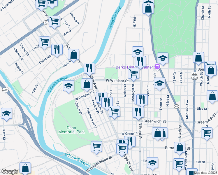 map of restaurants, bars, coffee shops, grocery stores, and more near 824 Lincoln Street in Reading