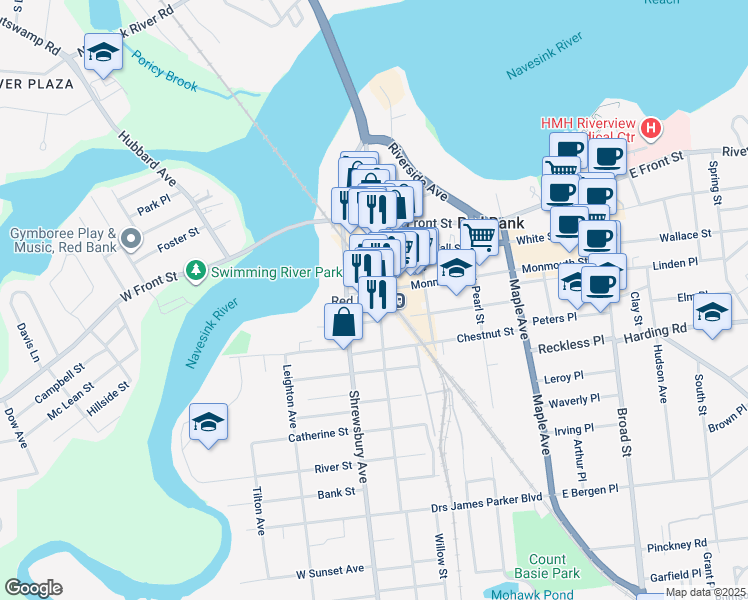 map of restaurants, bars, coffee shops, grocery stores, and more near 64d Bridge Avenue in Red Bank