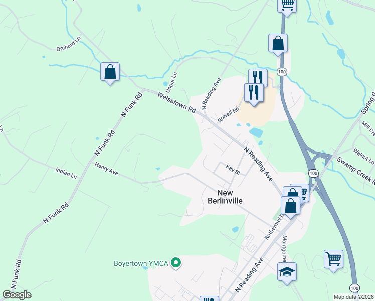 map of restaurants, bars, coffee shops, grocery stores, and more near 56 Villa Avenue in Boyertown