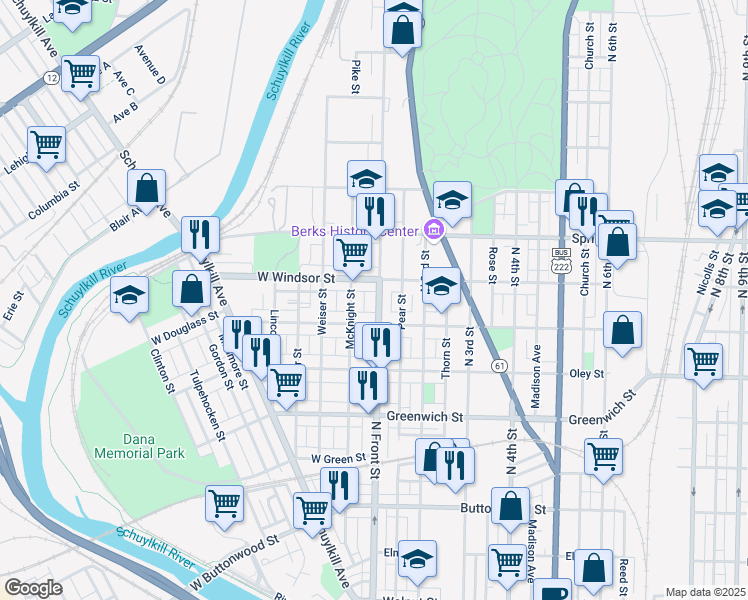 map of restaurants, bars, coffee shops, grocery stores, and more near 820 North Front Street in Reading