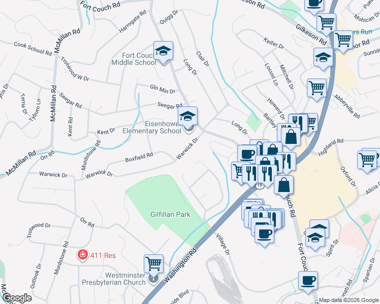 map of restaurants, bars, coffee shops, grocery stores, and more near 101 Warwick Drive in Pittsburgh