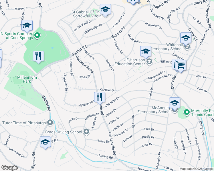 map of restaurants, bars, coffee shops, grocery stores, and more near 4760 Norma Drive in Pittsburgh