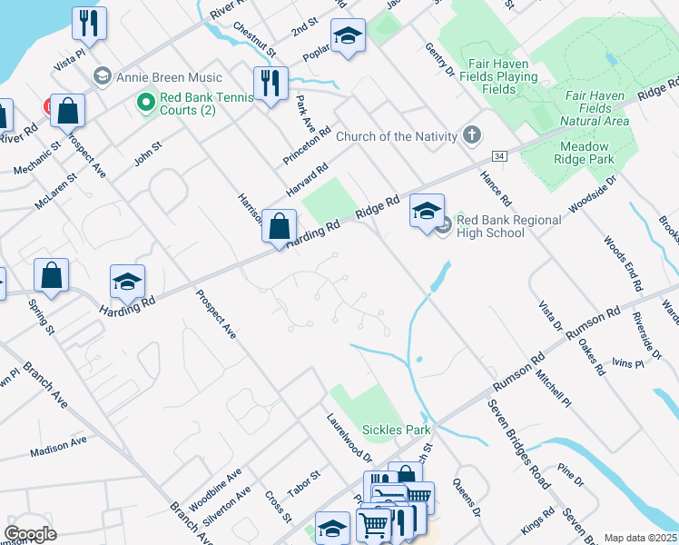map of restaurants, bars, coffee shops, grocery stores, and more near 278 Whispering Woods Court in Little Silver