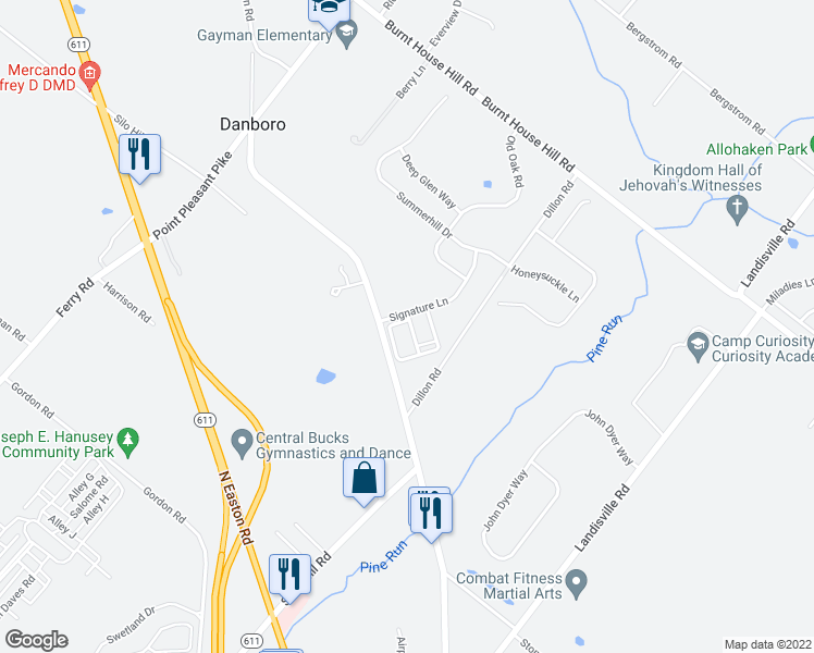 map of restaurants, bars, coffee shops, grocery stores, and more near 4087 Redbud Circle in Doylestown