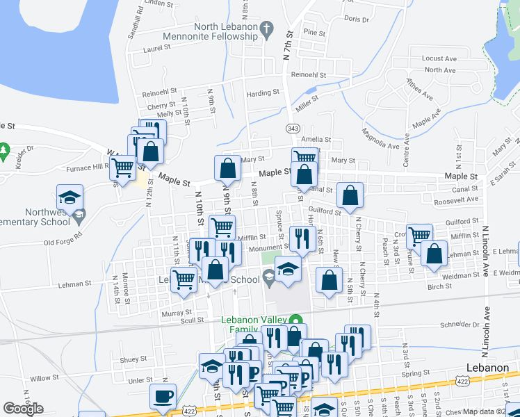 map of restaurants, bars, coffee shops, grocery stores, and more near 752 Guilford Street in Lebanon