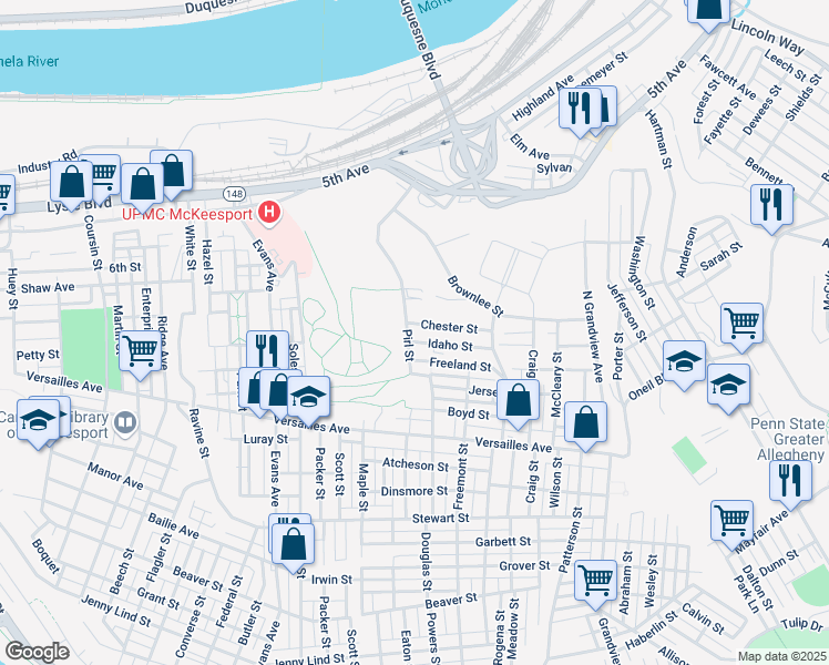 map of restaurants, bars, coffee shops, grocery stores, and more near 2816 Chester Street in McKeesport