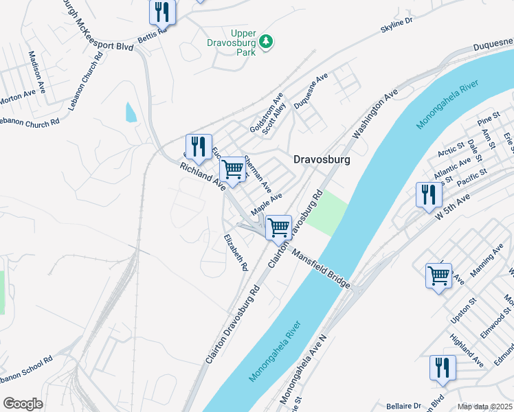 map of restaurants, bars, coffee shops, grocery stores, and more near 114 Maple Avenue in Dravosburg