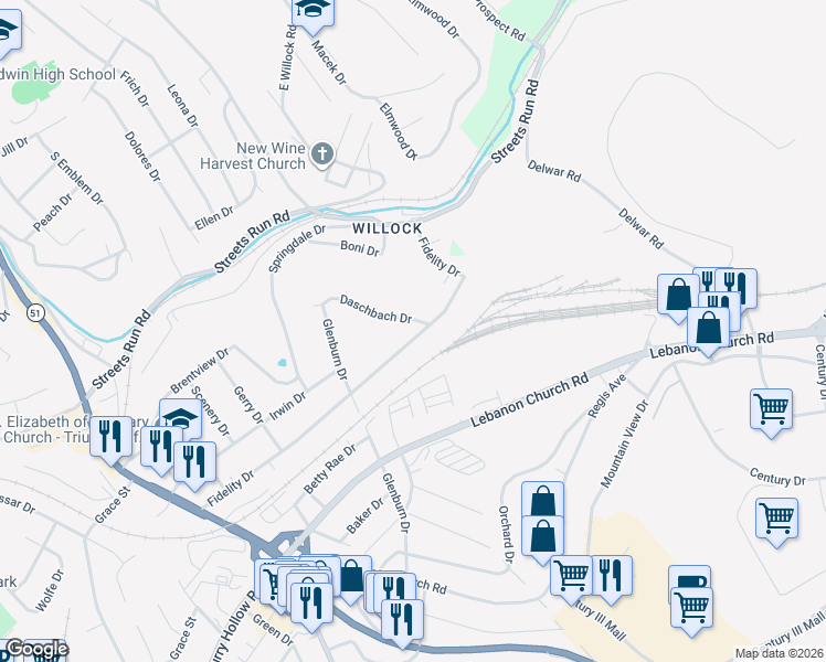 map of restaurants, bars, coffee shops, grocery stores, and more near 1227 Fidelity Drive in Pittsburgh