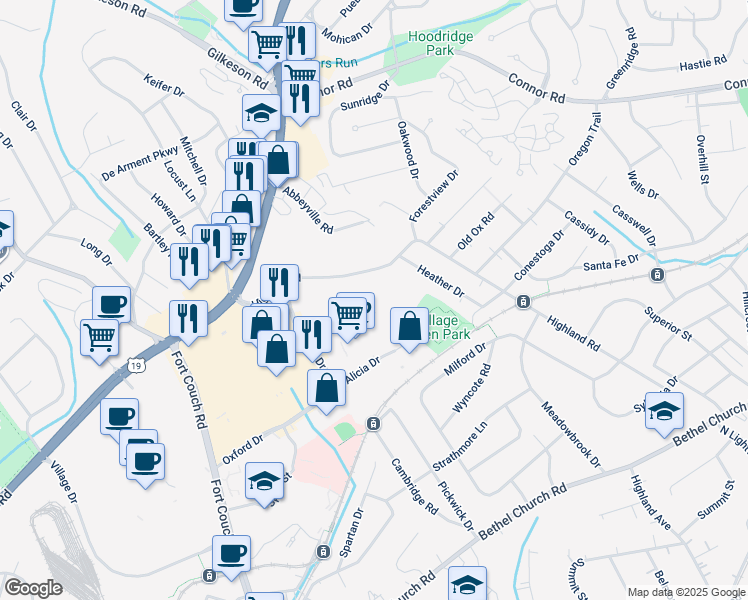 map of restaurants, bars, coffee shops, grocery stores, and more near 60 Highland Road in Bethel Park