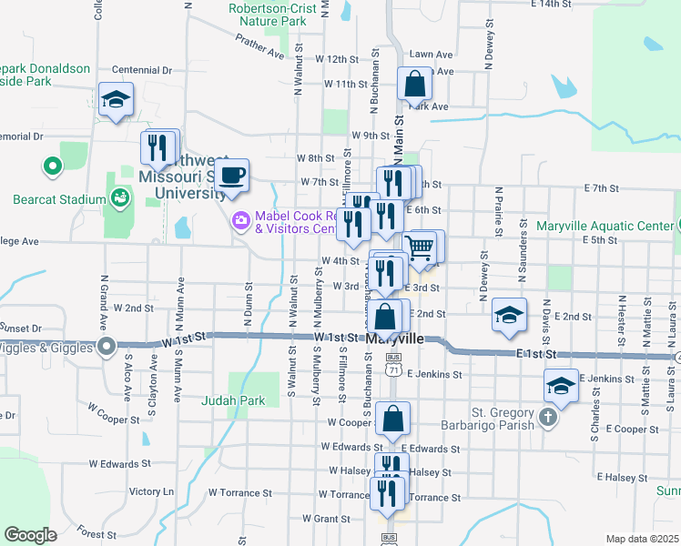 map of restaurants, bars, coffee shops, grocery stores, and more near 301-399 North Fillmore Street in Maryville