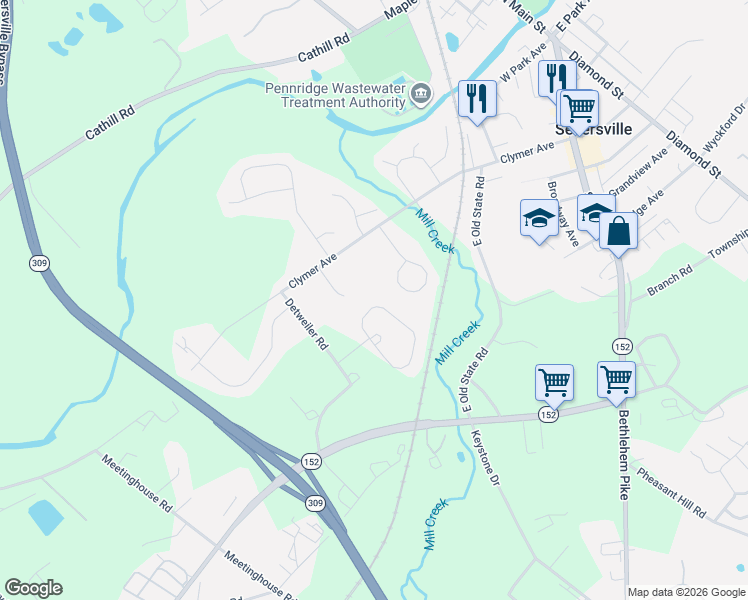 map of restaurants, bars, coffee shops, grocery stores, and more near 7 Wisteria Court in Sellersville