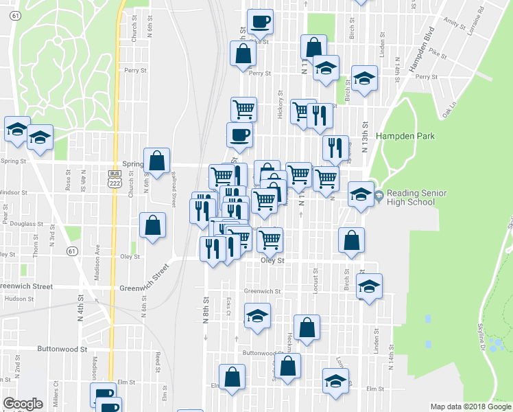 map of restaurants, bars, coffee shops, grocery stores, and more near 849 Moss Street in Reading
