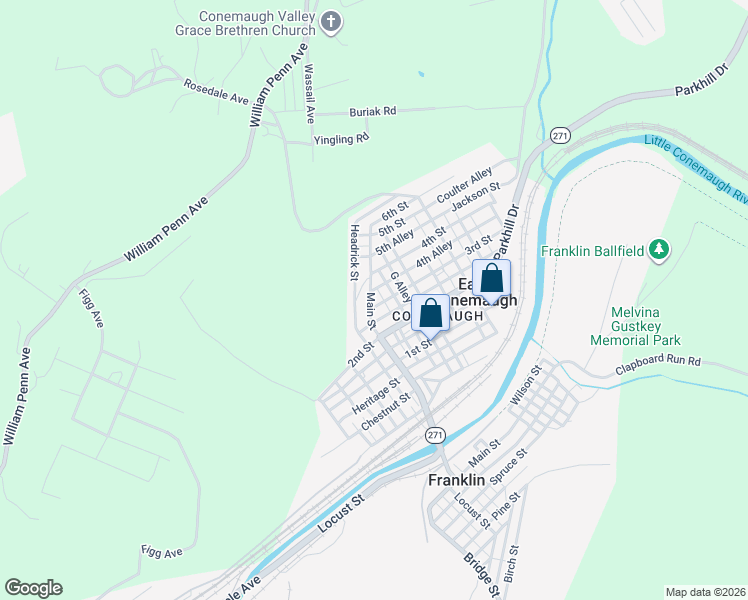 map of restaurants, bars, coffee shops, grocery stores, and more near 312 Main Street in East Conemaugh